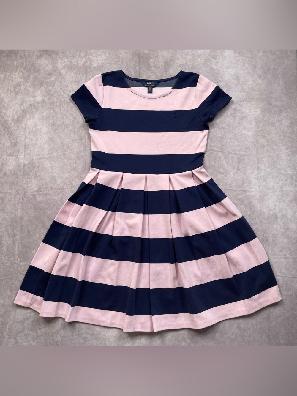 Polo Ralph Lauren Fit & Flare Mini Dress Juniors Size XL (16) Striped Pink Navy